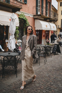 Harper Lavoir Linen and Wool Blend Tailored Skirt in Natural Herringbone